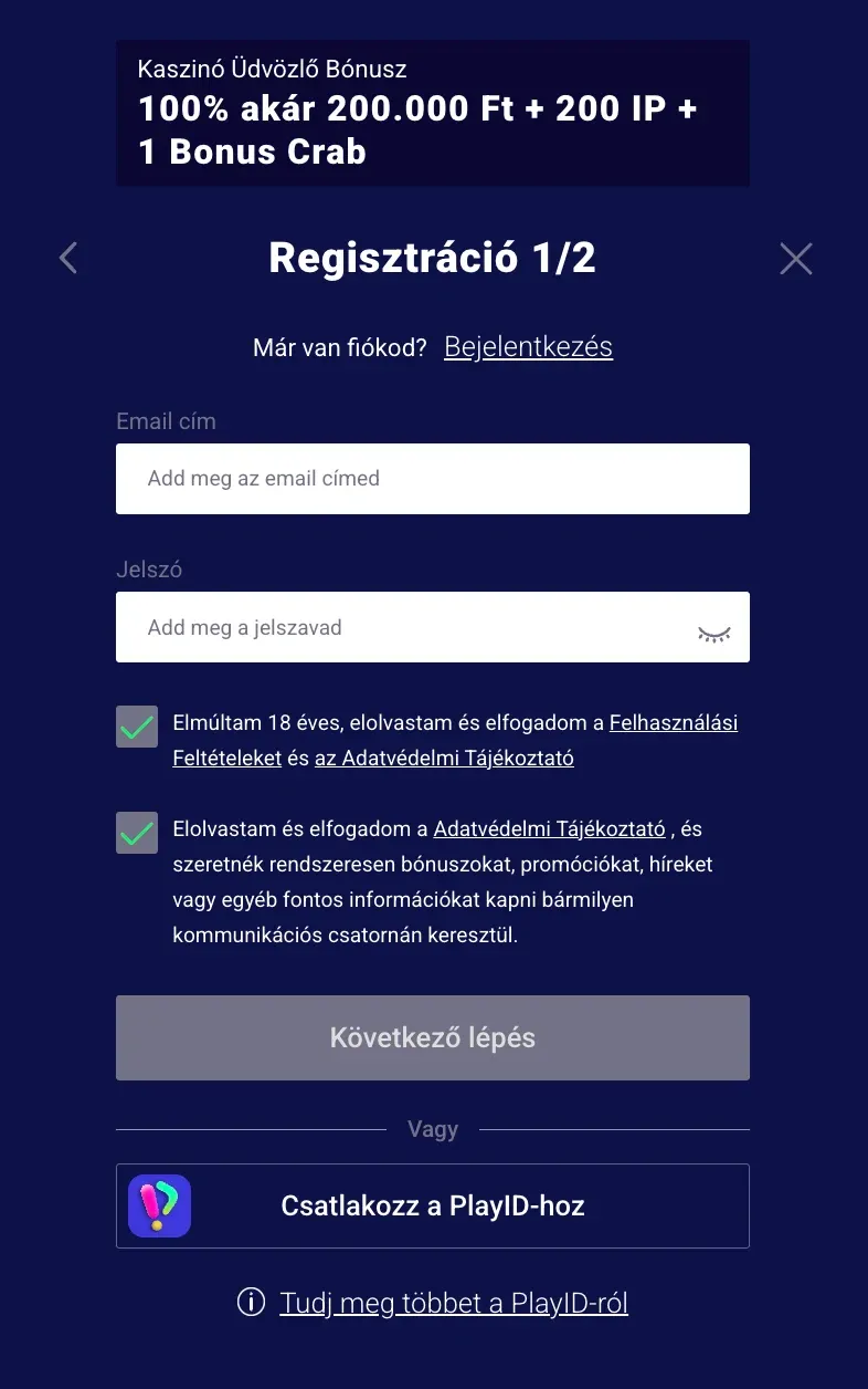 Regisztrációs űrlap a Frumzi kaszinóban