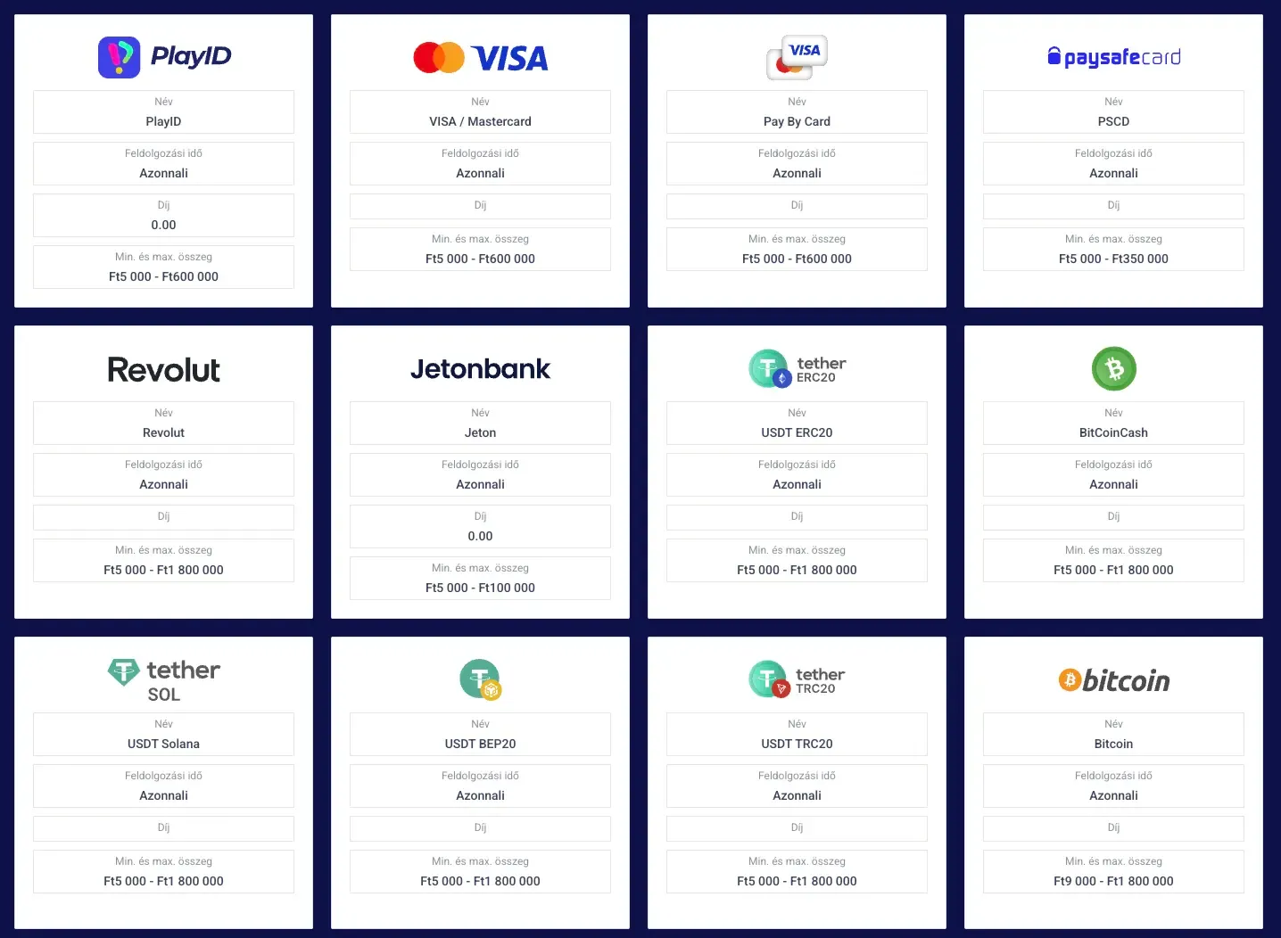 Befizetési módok a Frumzi casino